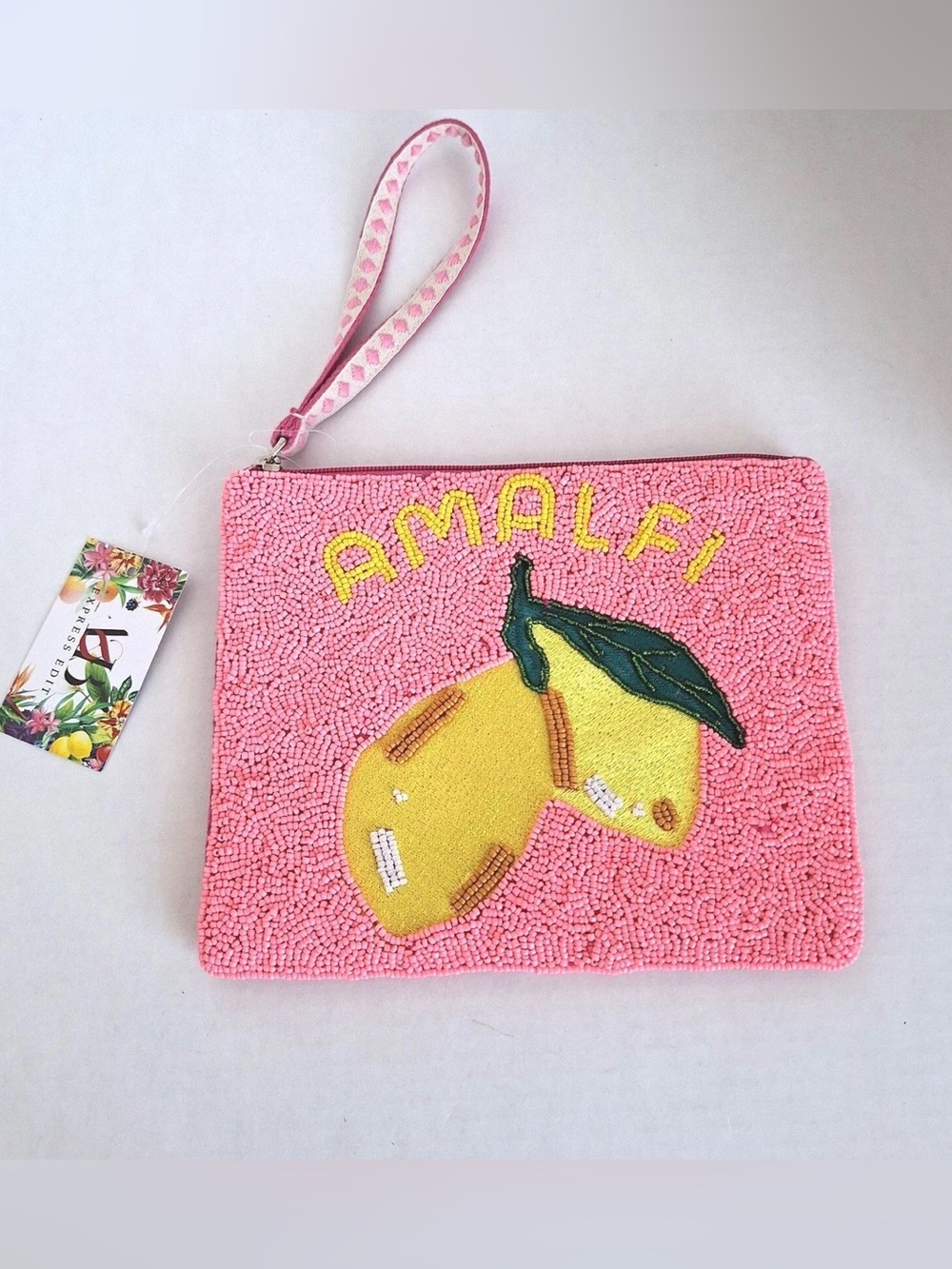 NEW Express Edit viral Pink Amalfi Beaded Wristlet Pouch zippered clutch 7.5x9”